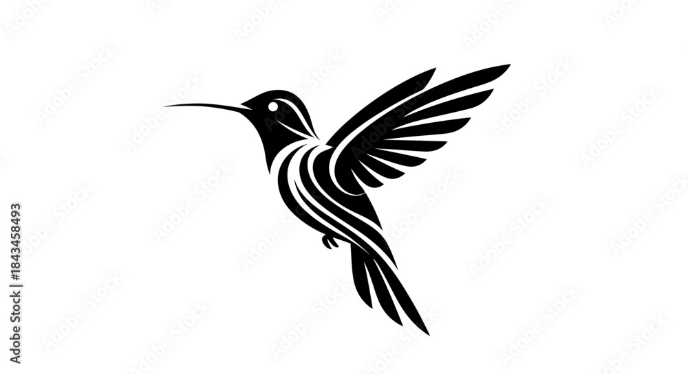 Fototapeta premium A stylized black silhouette of a hummingbird in flight with decorative lines.