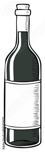 Black wine bottle with cork and blank label in sketch style
