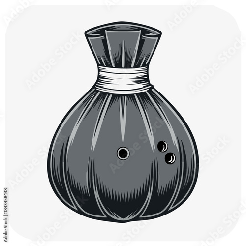 Tied fabric bag with bowling ball finger holes a conceptual illustration in greyscale