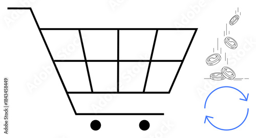 E-commerce, payment systems, financial transactions, circular economy, sustainability, online shopping. Shopping cart with coins dropping and circular arrows indicating flow. E-commerce and payment