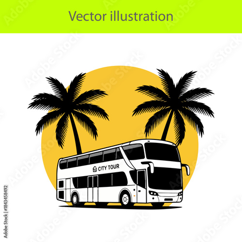 Double decker city tour bus with palm trees and yellow sun vector illustration