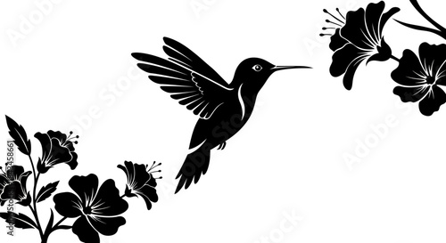 Elegant black silhouette of a hummingbird flying gracefully towards beautiful hibiscus flowers on a white background.