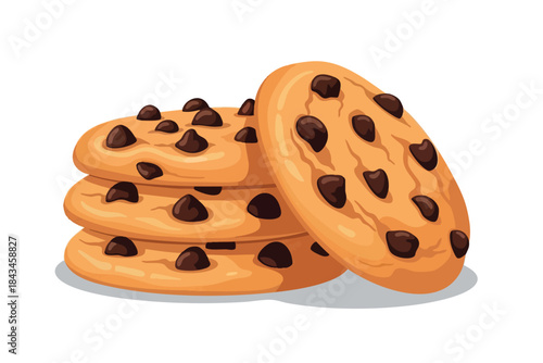 A stack of chocolate chip cookies with a leaning cookie on a white background