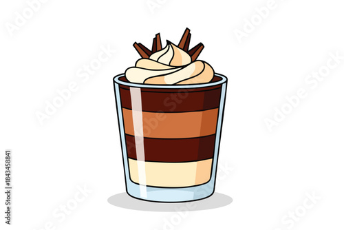 Cartoon illustration of layered dessert with whipped cream and chocolate garnish