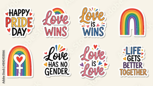 Happy Pride Day and Love Wins Stickers Featuring Rainbows and Symbols of Love