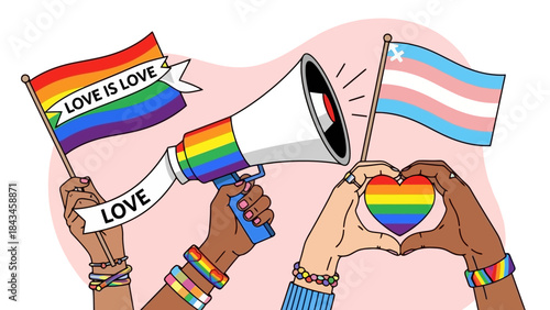 Diverse Hands Celebrate Love and Equality with Rainbow Flags and Heart Symbol