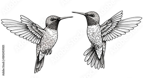 Detailed black and white sketch of two hummingbirds in flight with spread wings, facing each other in an elegant pose.