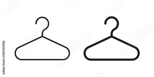 Clothes hanger icons. Solid black silhouette and line art outline. Minimal design element,