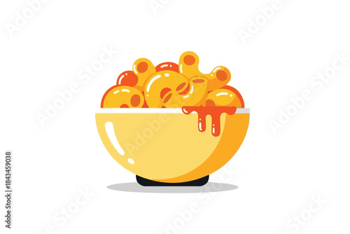 Cartoon depiction of macaroni and cheese in a yellow bowl with sauce drips