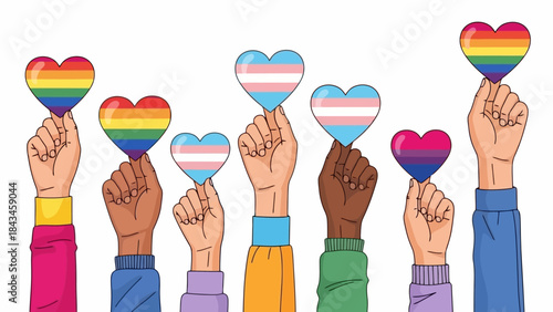 Diverse Hands Holding Pride and Transgender Heart Symbols, Symbolizing Inclusivity