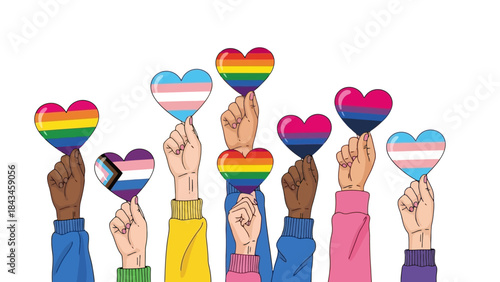 Diverse Hands Holding LGBTQ+ Pride Hearts Flags and Symbols of Love and Unity