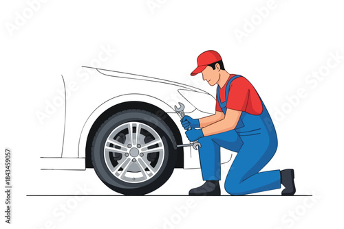 A mechanic, kneeling near a car wheel, uses tools for repairs