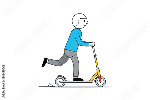 A person in a blue shirt and grey pants is riding a yellow scooter