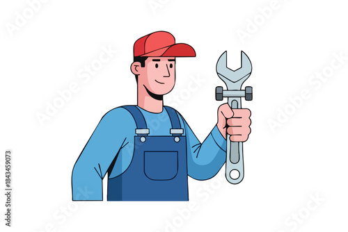 A smiling mechanic in blue overalls holds a wrench