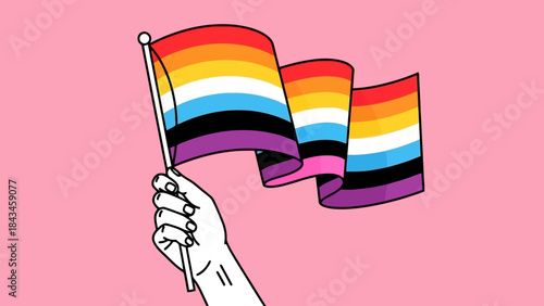 Hand Holding Waving Pride Flag with Multiple Colors Against Pink Background