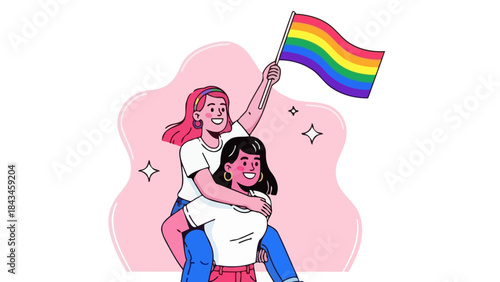 Happy Women Holding Pride Flag, Celebrating Diversity and Equality, Piggyback Ride