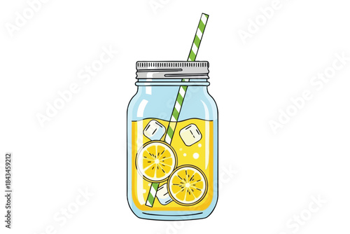 A mason jar of lemonade with lemon slices, ice, and a striped straw