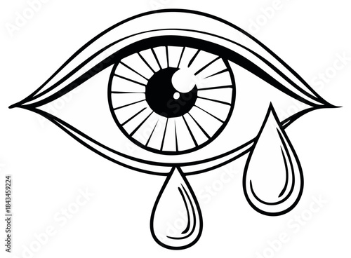 Stylized crying eye with teardrops black and white line art icon