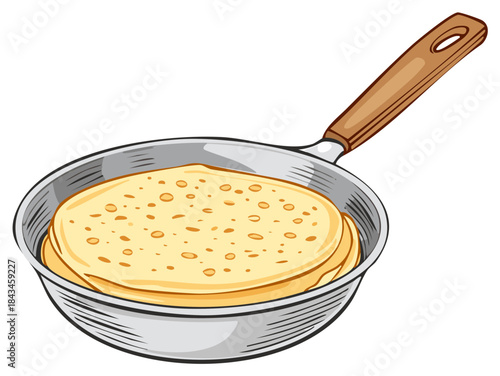 Stack of golden pancakes in a cooking pan illustration. Tasty breakfast concept.