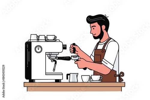 A barista presses coffee grinds with a tamper near a machine and drinks