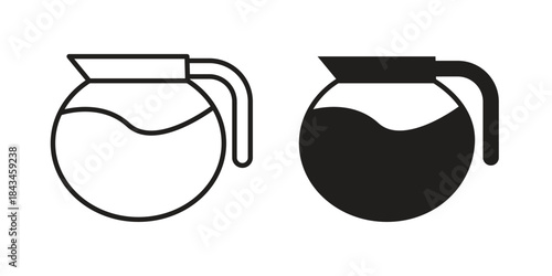 Coffee pot icons. Solid black silhouette and line art outline. Minimal design element,