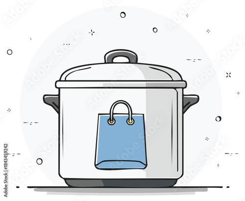 Cookware Pot with Blue Shopping Bag, Kitchen Utensil and Commerce Vector Illustration