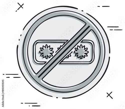 Black and white doodle style icon of a prohibition sign over virus symbols, illustrating no germs allowed.