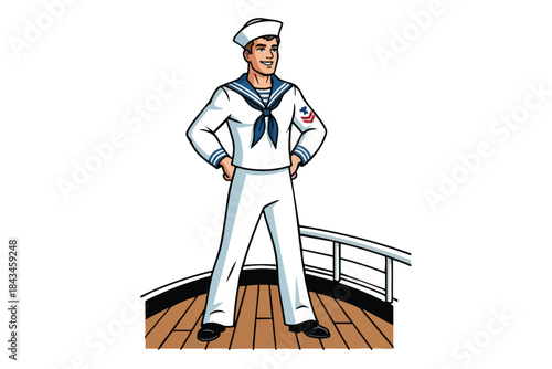 A sailor on a ship, arms akimbo. White uniform, hat. Cartoon style. Deck