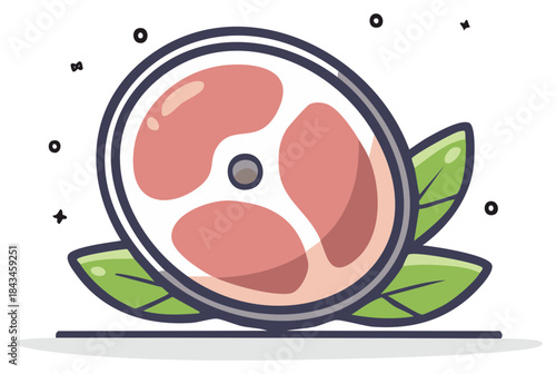 Cartoon illustration of a raw meat cut with leaves beneath it