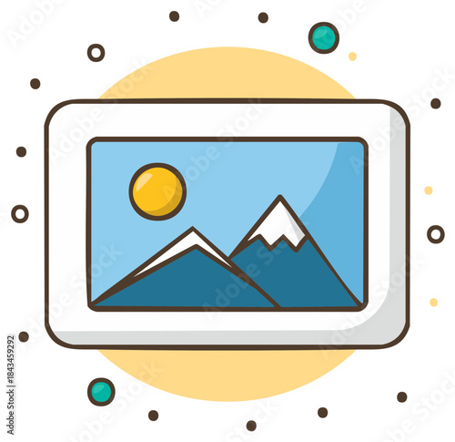 Framed landscape illustration with blue mountains, a yellow sun, and a round yellow background with decorative dots for visual appeal.