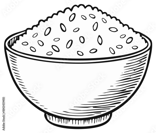 Hand-drawn illustration of a bowl filled with rice grains, simple graphic