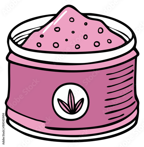 Vibrant pink cosmetic cream or powder jar with a natural botanical leaf symbol illustration