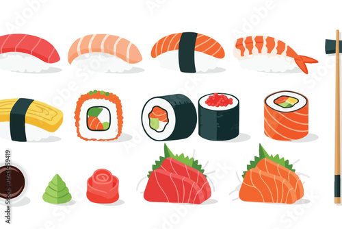 Colorful illustrations of various sushi and sashimi dishes, plus condiments and chopsticks
