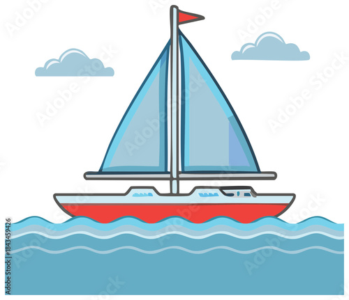 A sailboat with a red hull sailing on calm blue waters under a sky with fluffy clouds in a modern cartoon style.