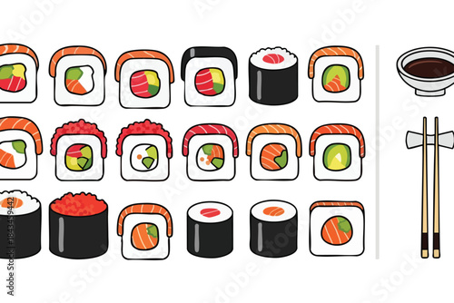 Various sushi rolls, soy sauce, and chopsticks are depicted in a colorful illustration
