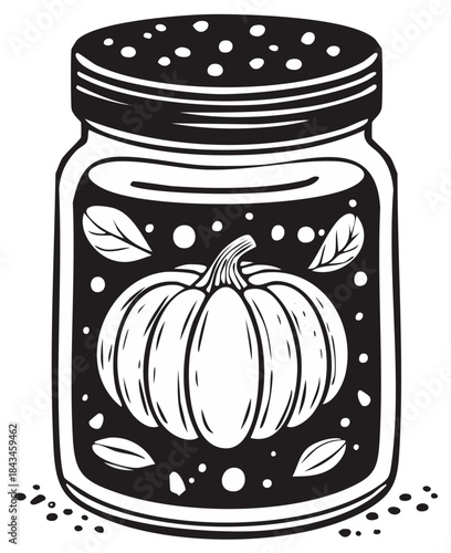 Bold black and white illustration of a pumpkin spice shaker jar for autumn and Thanksgiving themes