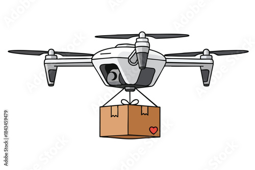 Illustration of a drone carrying a box with a heart, promising delivery and affection