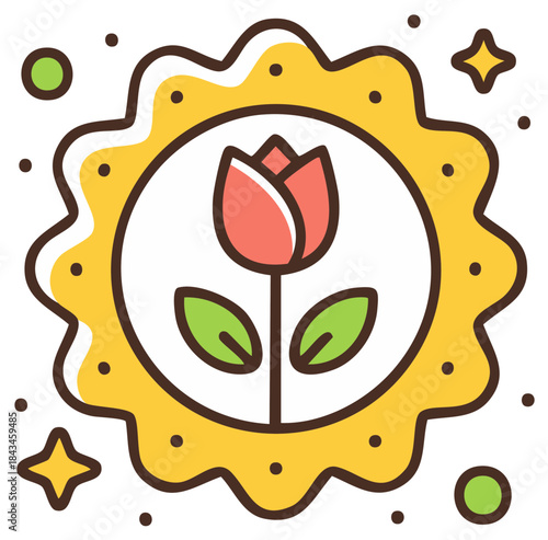 Stylized tulip flower icon within a decorative yellow scalloped frame badge with stars