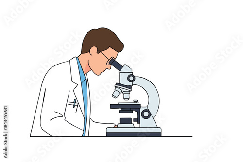 A person in a lab coat peers into a microscope with a neutral background