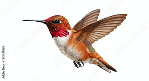 A vibrant rufous hummingbird in mid-flight with outstretched wings and colorful plumage.