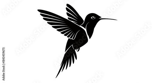 Elegant black silhouette of a hummingbird in flight with wings spread against a white background.