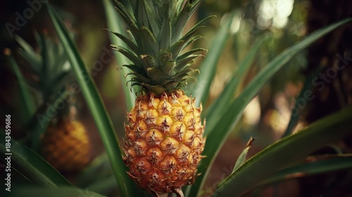 Close up of ripe pineapple growing with green leaves