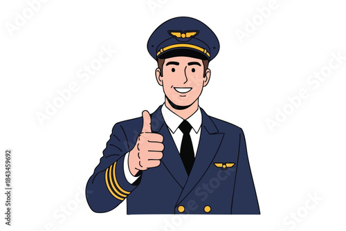 An illustration shows a smiling pilot in uniform giving a thumbs up