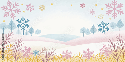 Pastel pink, blue, and yellow snowflakes scattered on edges, festive abstract background