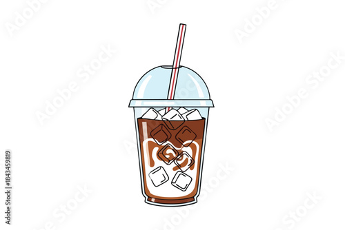 Iced coffee with ice cubes in a plastic cup with lid and straw, on a white background