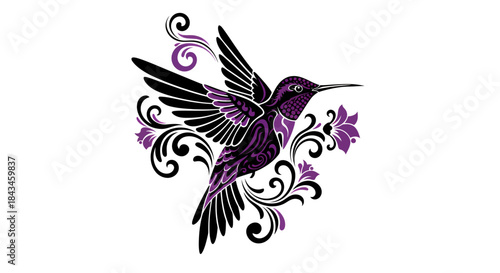A beautiful stylized hummingbird with intricate black and purple floral and scrollwork designs, flying gracefully.