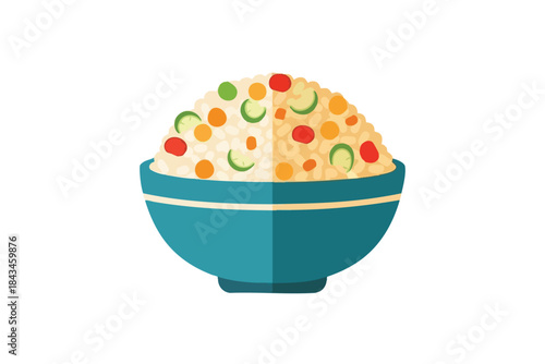 A bowl of rice with colorful vegetables, teal bowl, isolated white background
