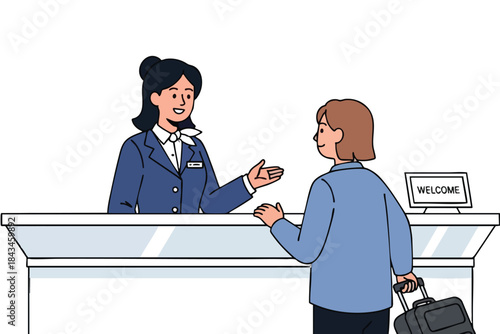 A concierge in a blue uniform welcomes a guest with a suitcase at a reception desk