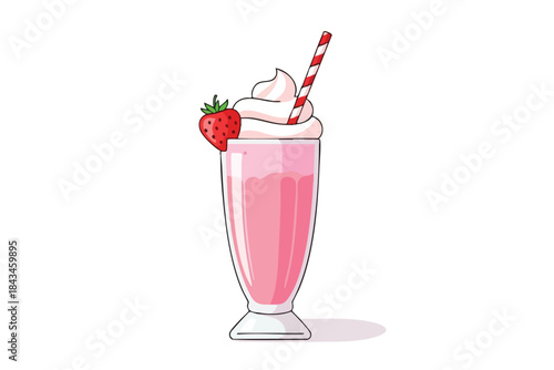 A pink milkshake in a tall glass, with whipped cream, strawberry & striped straw