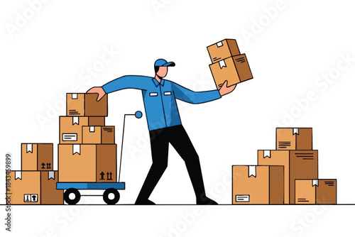 Delivery worker with parcels, cart, and piles of cardboard boxes